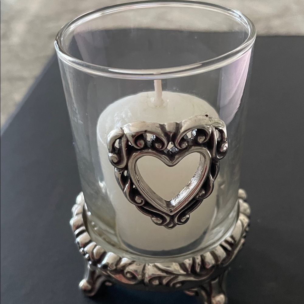 Brighton - Vintage Elegant Silver Heart Votive Candle Holder with candle